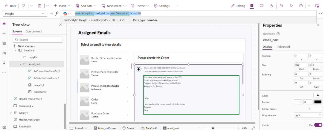 Email and reply containers placement